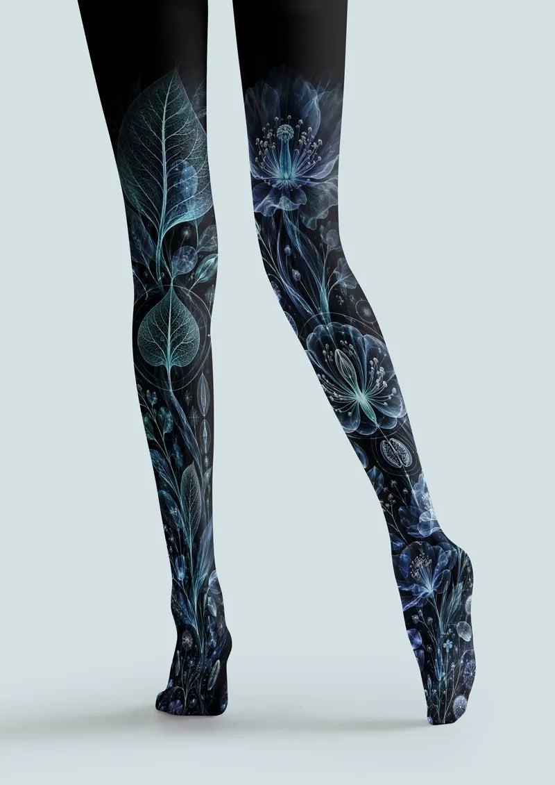 Black Blue Botanical Floral Tights