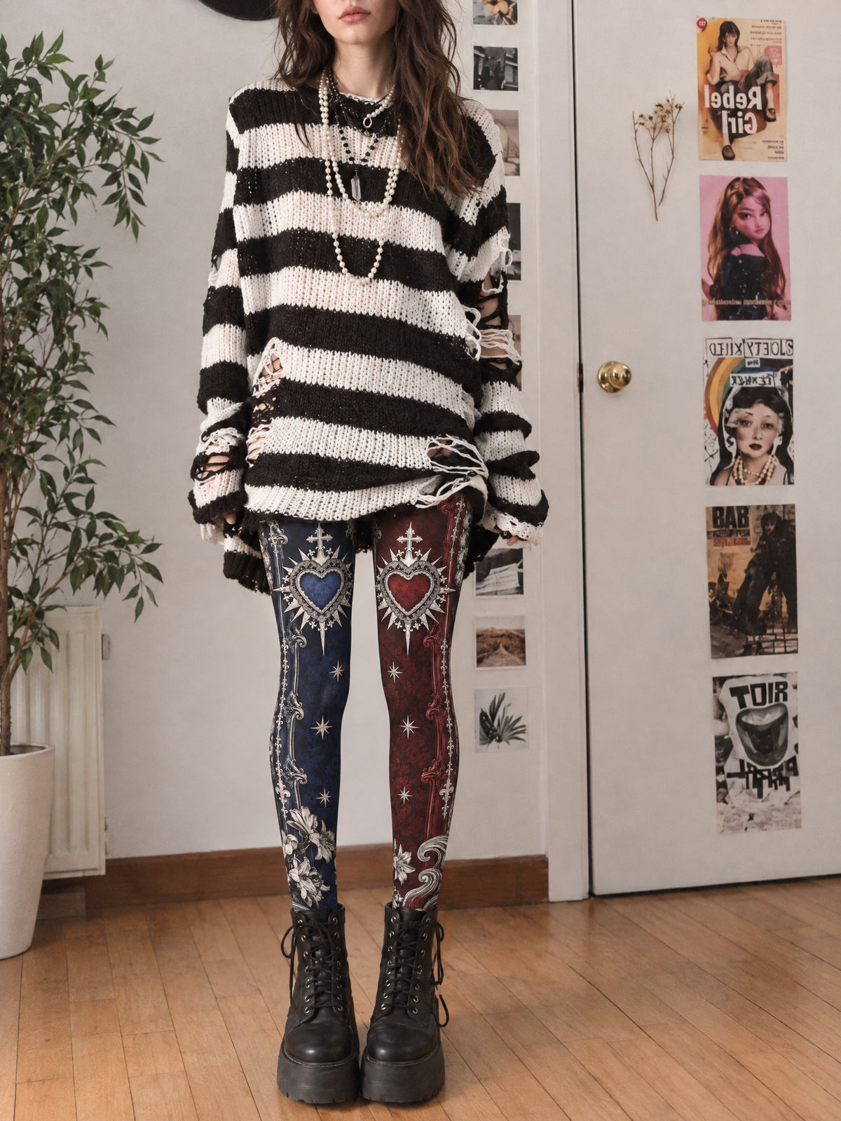 Navy and Burgundy Heart Tights