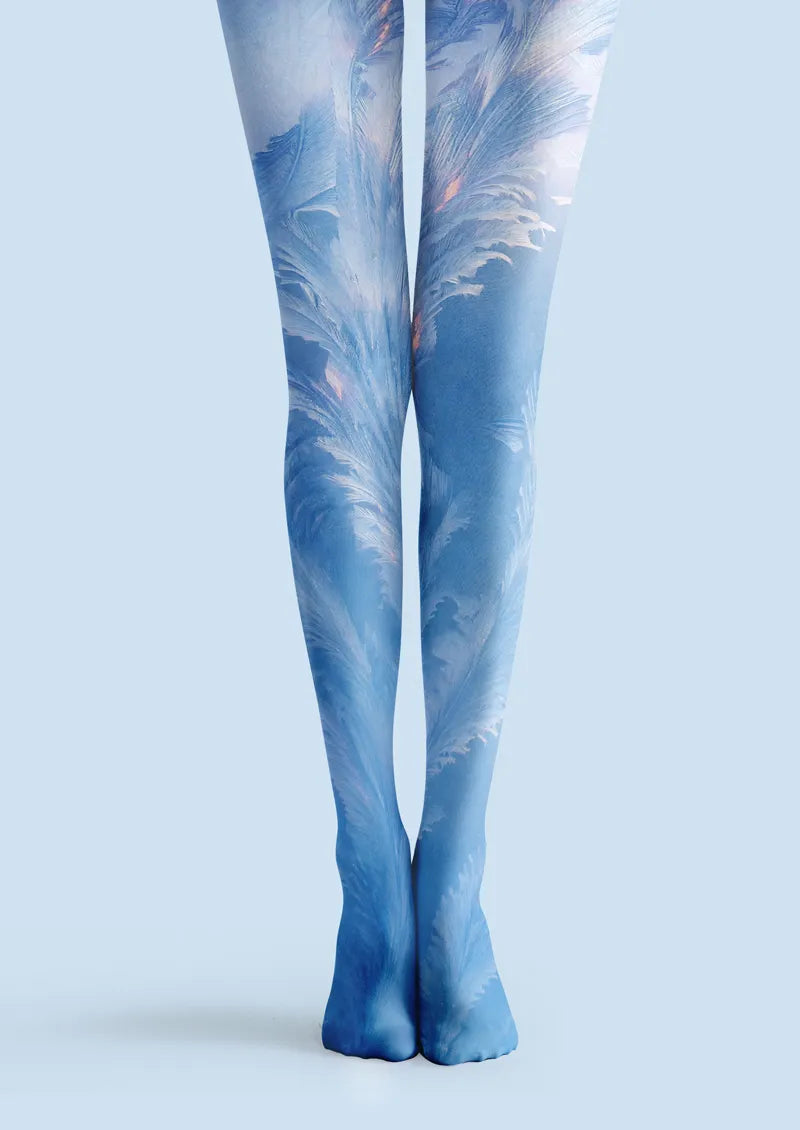 Blue printed tights with white ice feather pattern