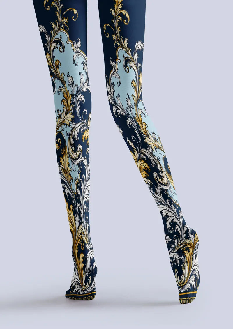 Navy Gold Baroque Scroll Print Tights Hosiery Pantyhose