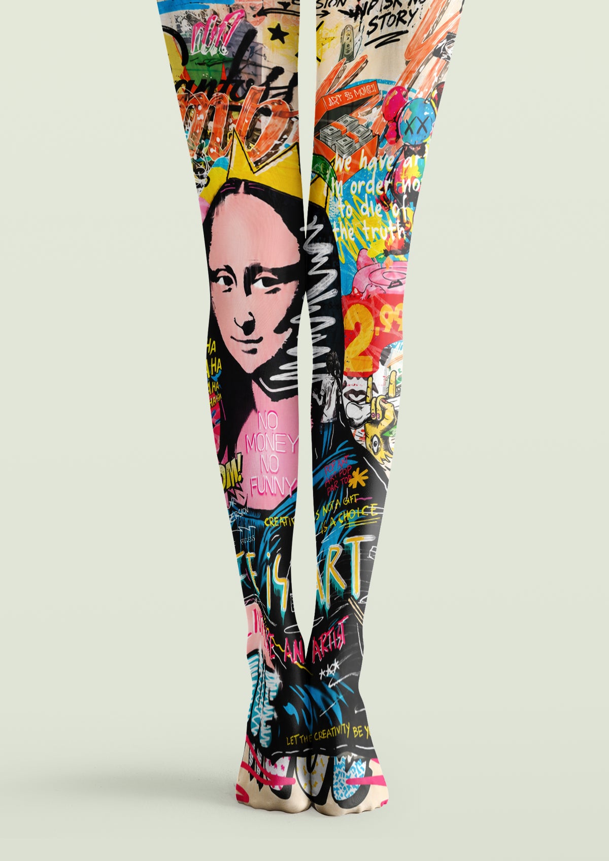 Vibrant pop‑art printed tights with Mona Lisa graffiti collage, bold multicolor street‑art graphic hosiery by Marcellise