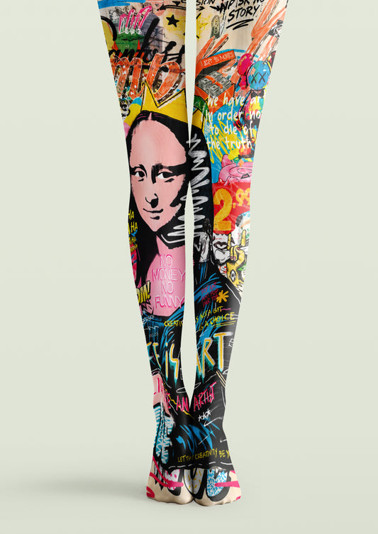 Vibrant pop‑art printed tights with Mona Lisa graffiti collage, bold multicolor street‑art graphic hosiery by Marcellise