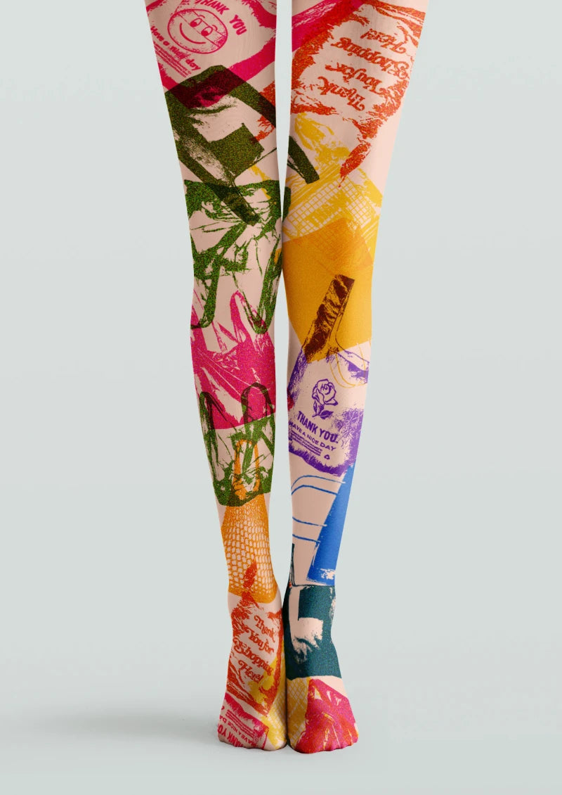 Beige tights with colorful lettering, illustrated bags, and smiley face motifs in an overlapping printed tights design