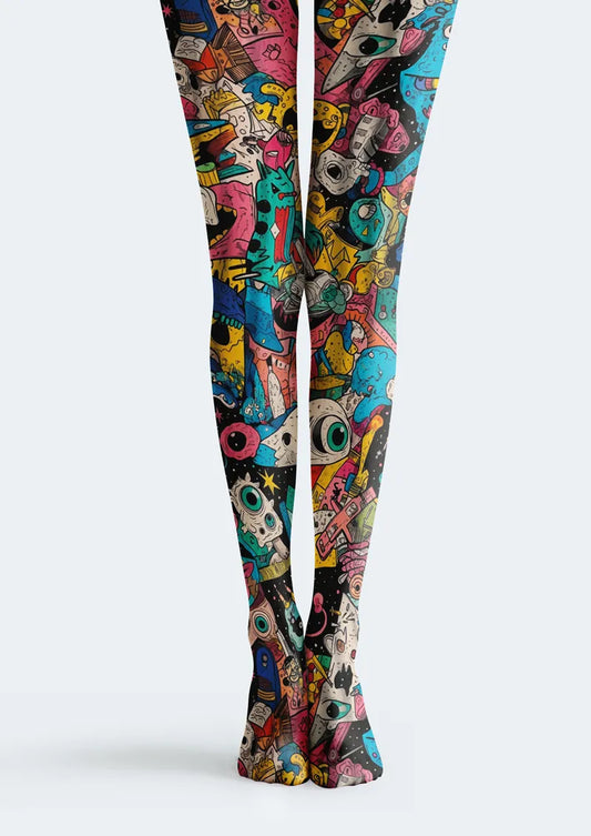 Multicolor printed tights with hand-drawn doodles, eyes, skulls, and abstract motifs