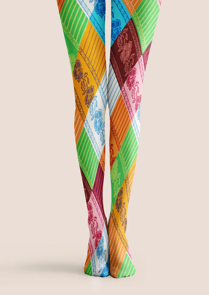 Colorful Diagonal Stripe and Floral Patchwork Tights Hosiery Pantyhose