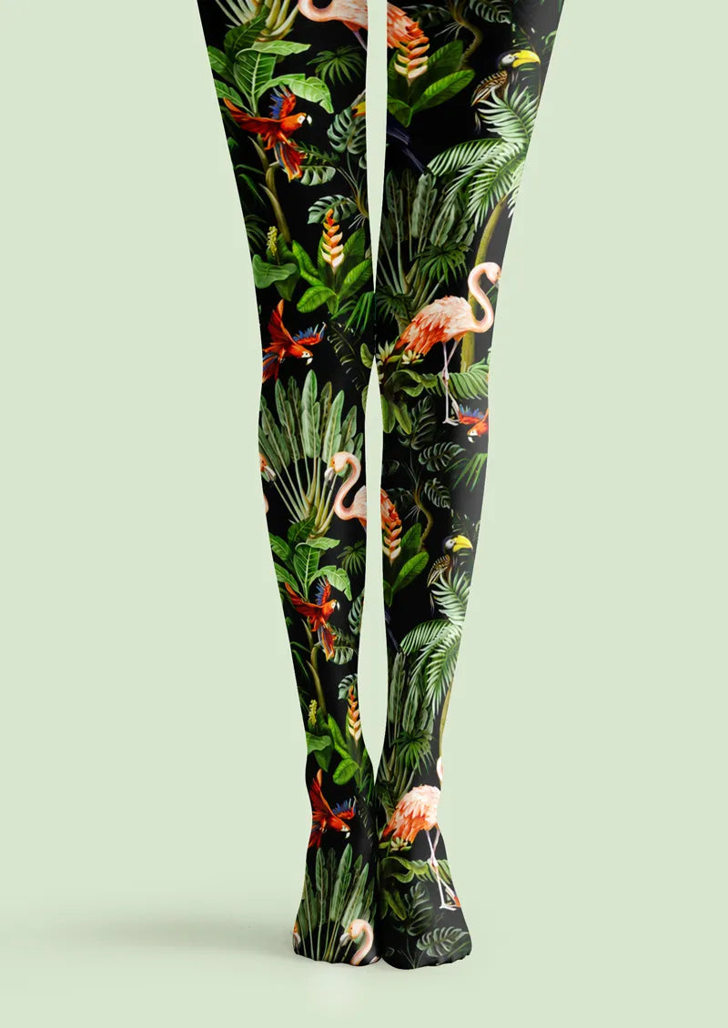 Black Tropical Rainforest Bird Tights Hosiery Pantyhose