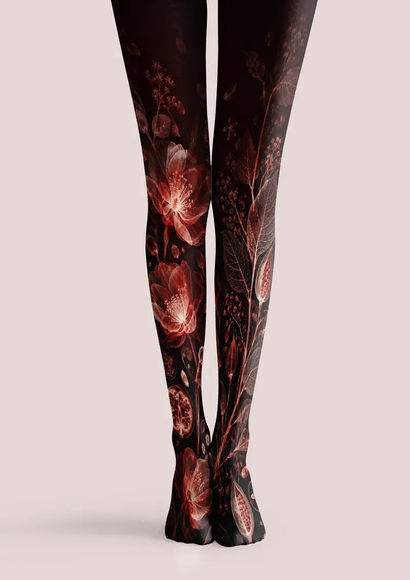 Black printed tights with red floral and botanical motifs