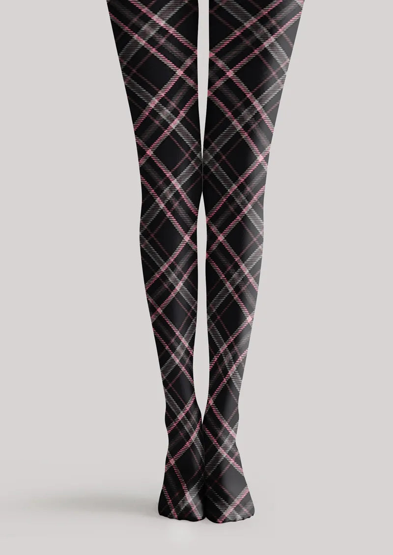 Black printed tights with pink and gray plaid pattern