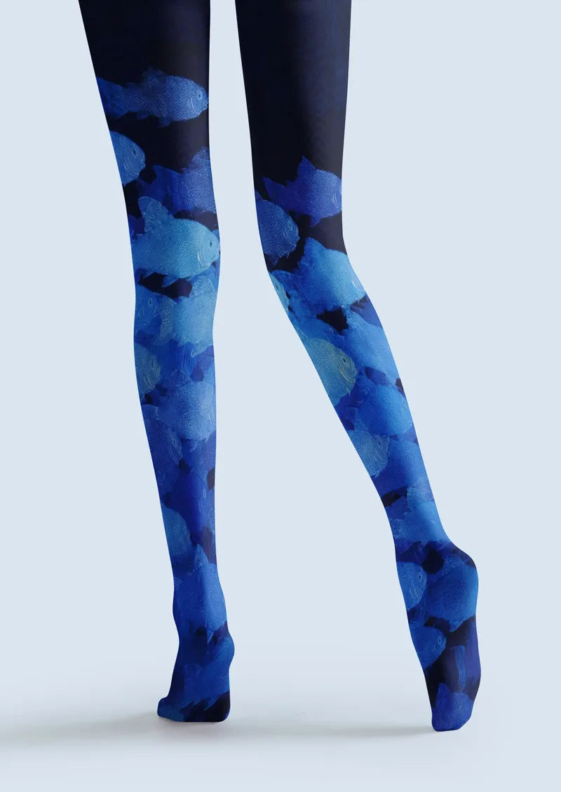 Navy Blue School of Fish Art Print Tights Hosiery Pantyhose
