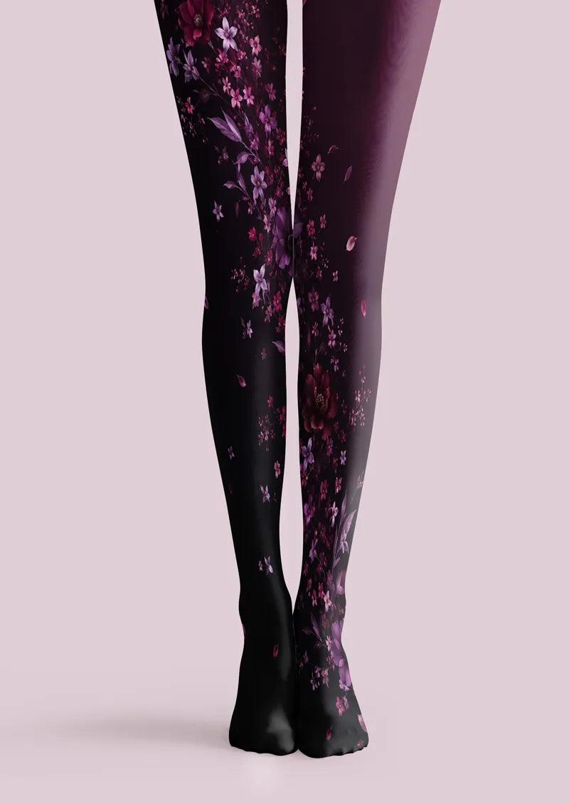 Black printed tights with purple, pink, and burgundy floral sprays