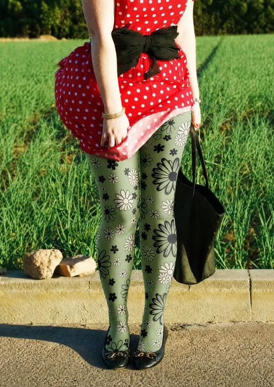 Green Daisy Floral Tights