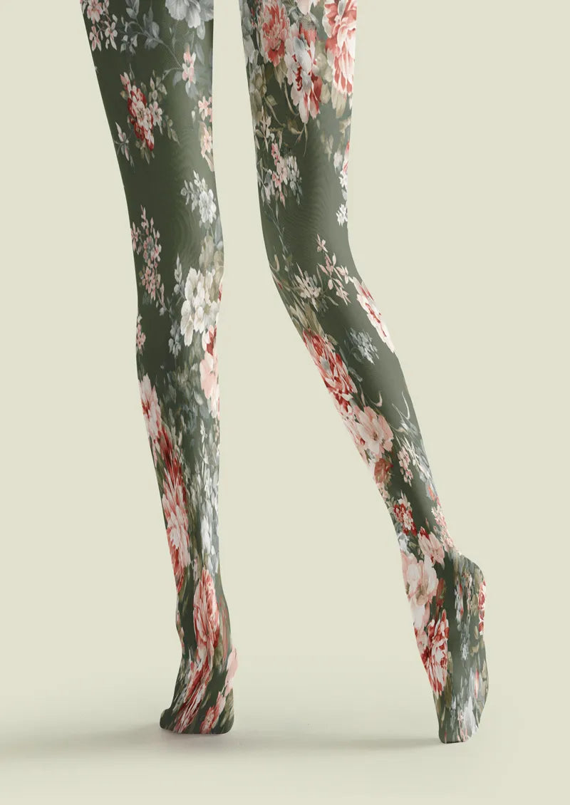 Olive Green Vintage Rose Floral Print Tights Hosiery Pantyhose