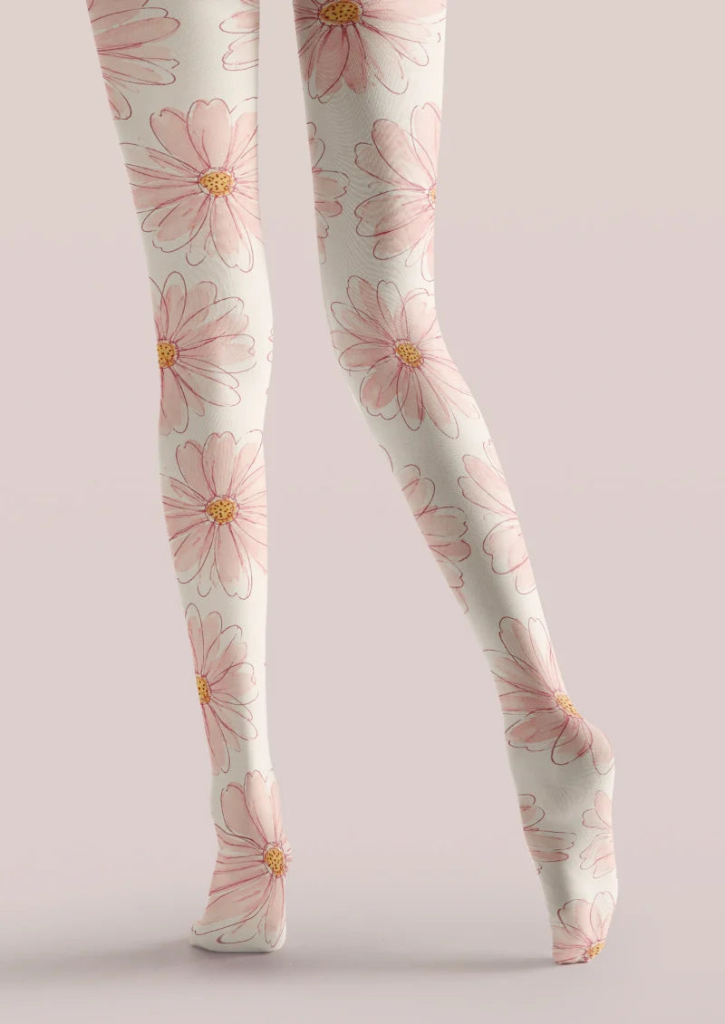 Ivory tights with oversized pink flowers, fine rose outlines, and yellow centers extending down the legs and over the feet.