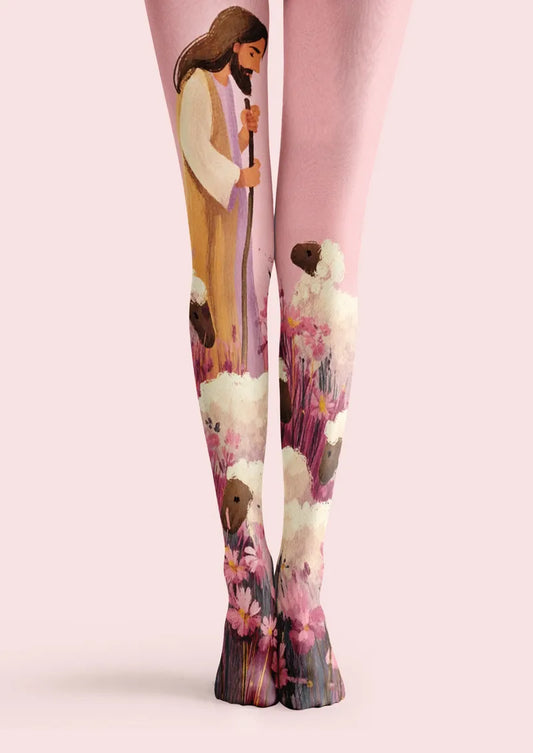 Front product view of Pink Christian Jesus and Lamb Floral Art Tights