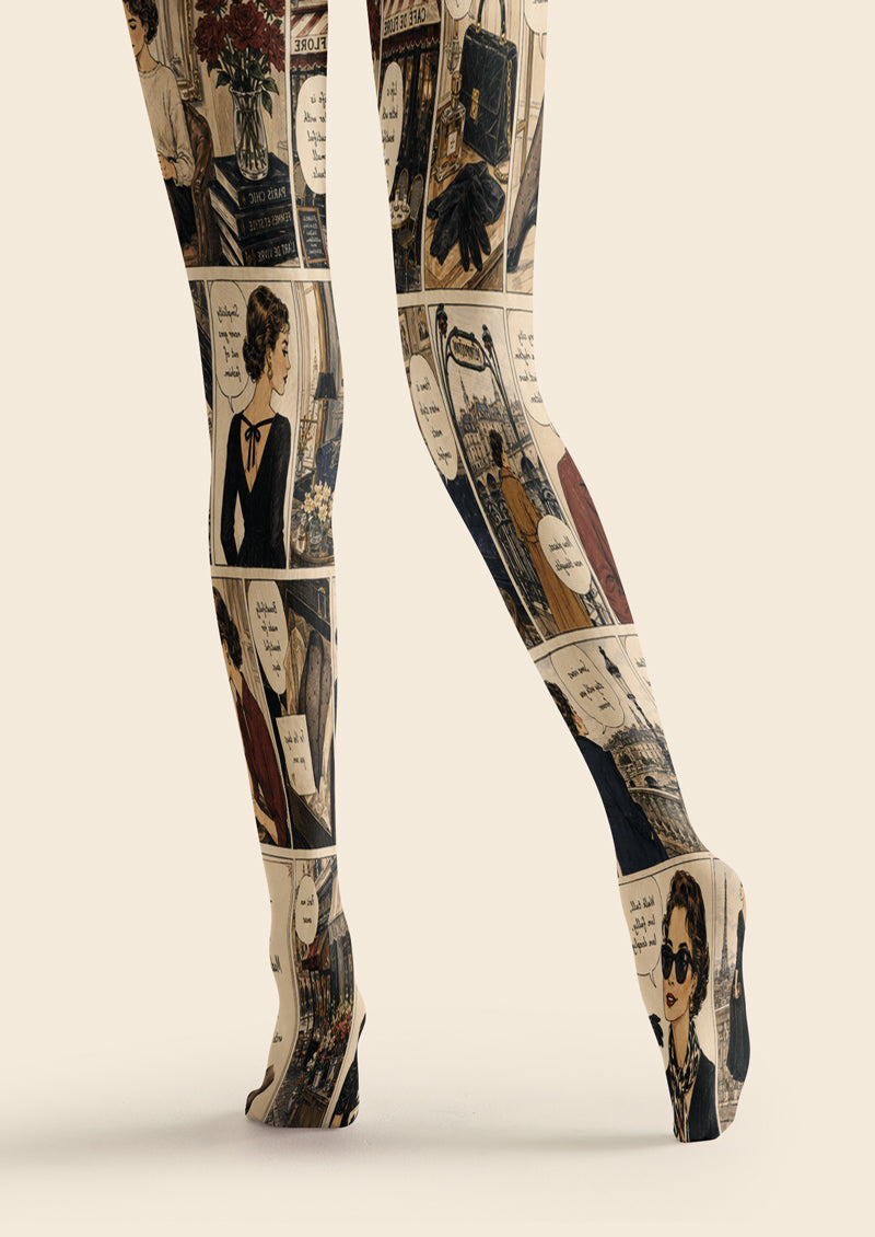 Beige Paris Comic Collage Tights