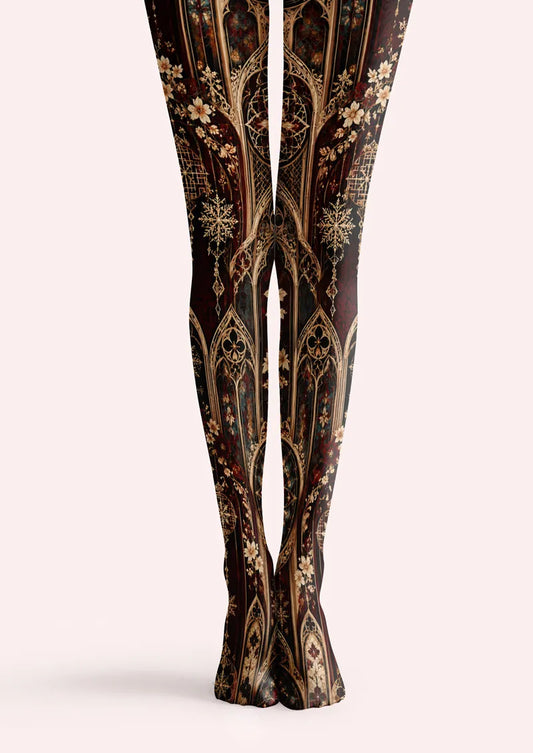 Burgundy printed tights with gothic arch panels, floral motifs, and ornate lattice details