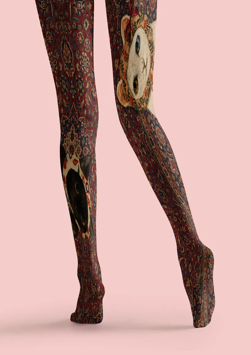 Two-Tone Black and White Cat Tapestry Print Tights Hosiery Pantyhose