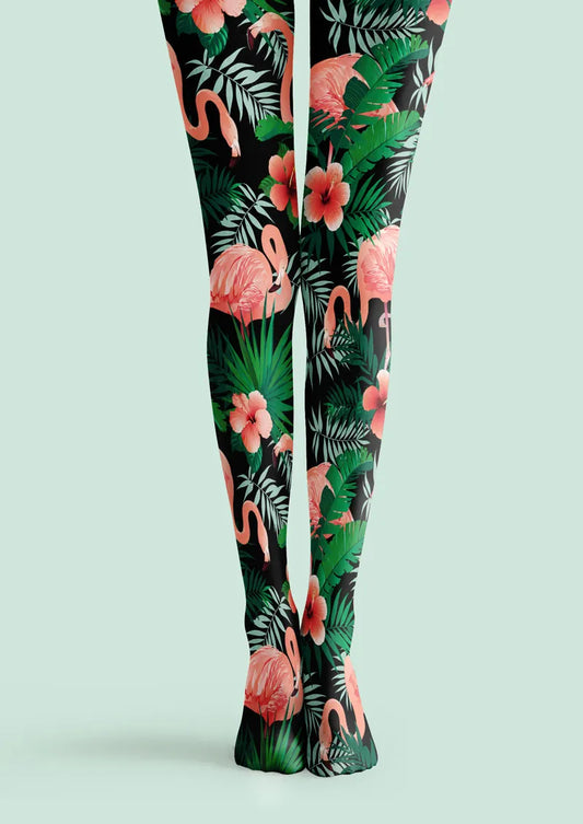 Black Flamingo Tropical Floral Tights Hosiery Pantyhose