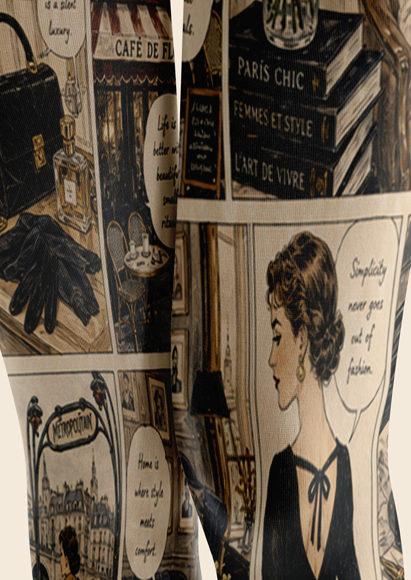 Beige Paris Comic Collage Tights