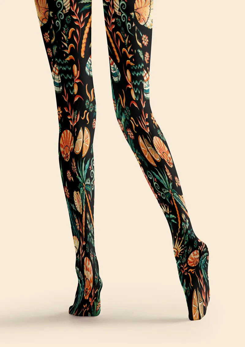 Black Seashell Botanical Print Tights Hosiery Pantyhose