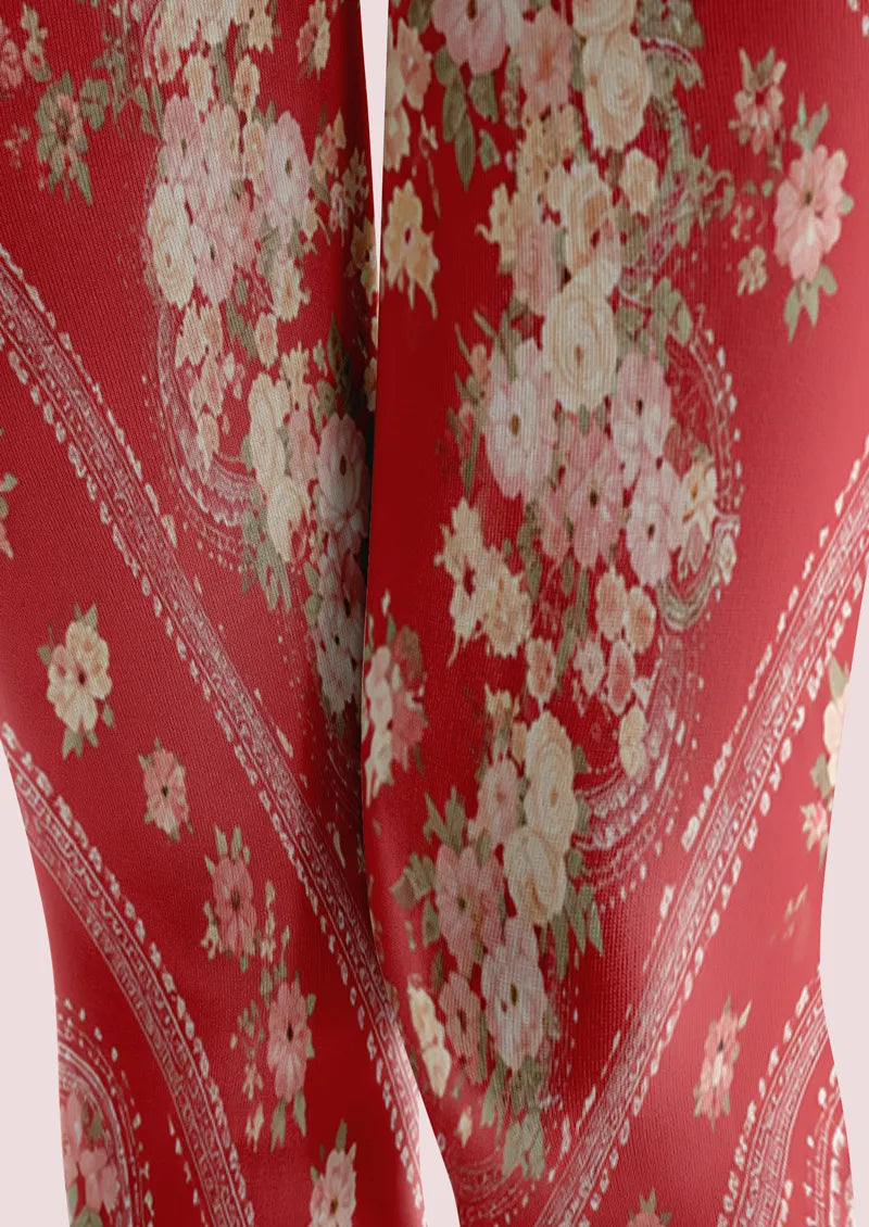 Red Rose Floral Scarf Print Tights Hosiery Pantyhose