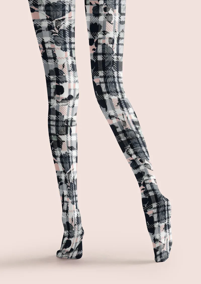 Gray Plaid Floral Tights