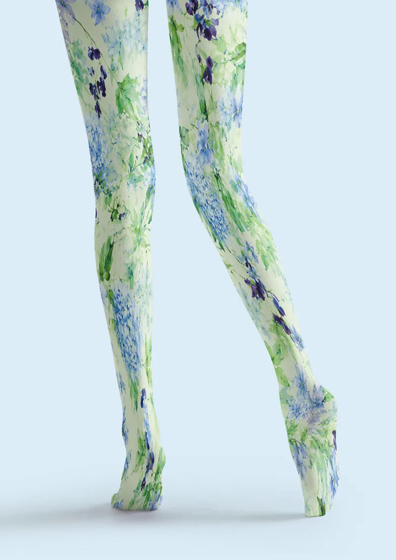 Blue Green Watercolor Floral Print Tights Hosiery Pantyhose