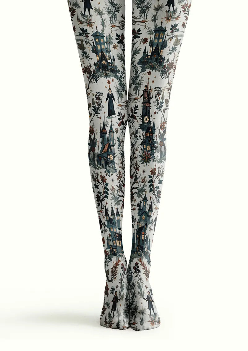 Ivory printed tights with storybook castles, botanical vines, and small figure motifs