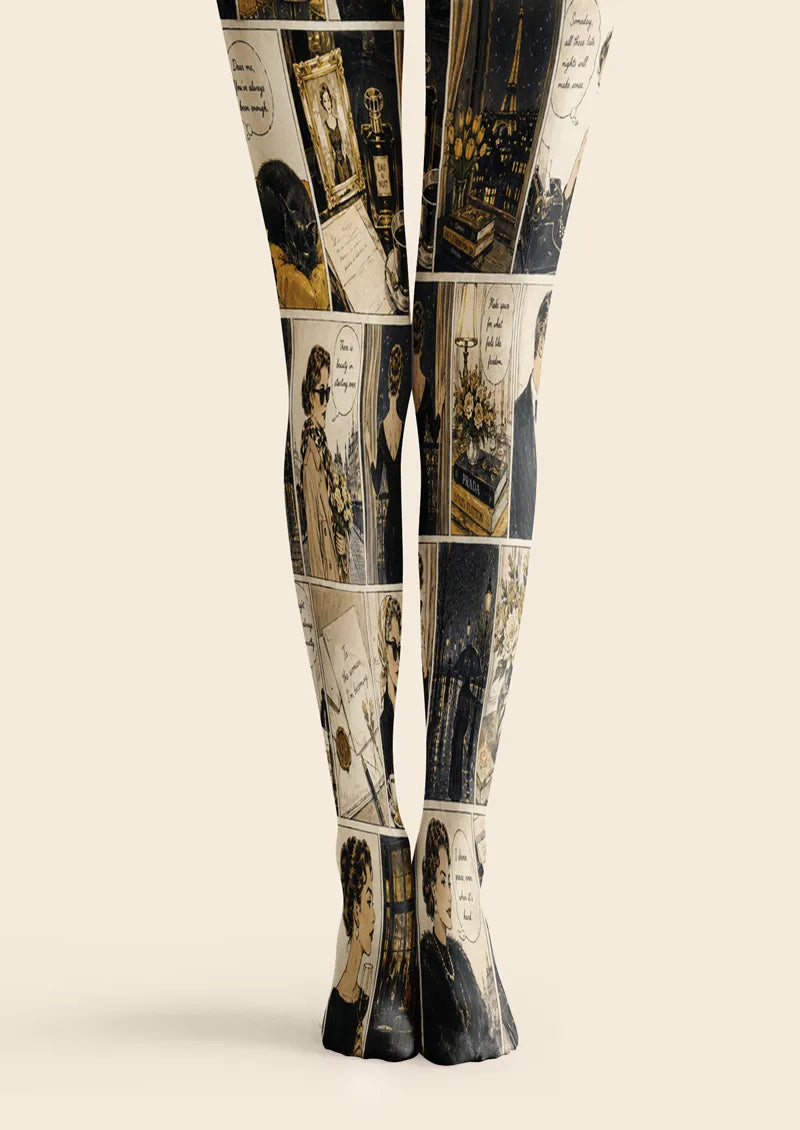 Black, beige and brown printed tights with fashion comic panels, portraits, perfume bottles and evening scenes