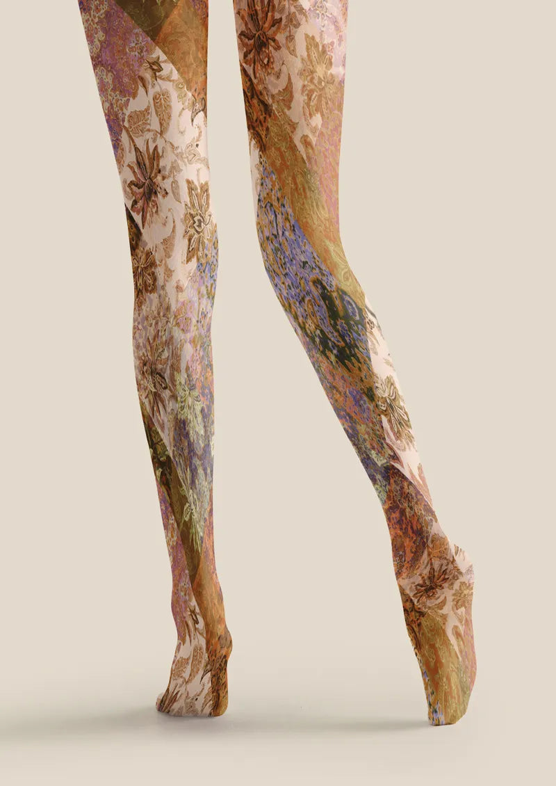 Ivory Gold Baroque Floral Tights Hosiery Pantyhose