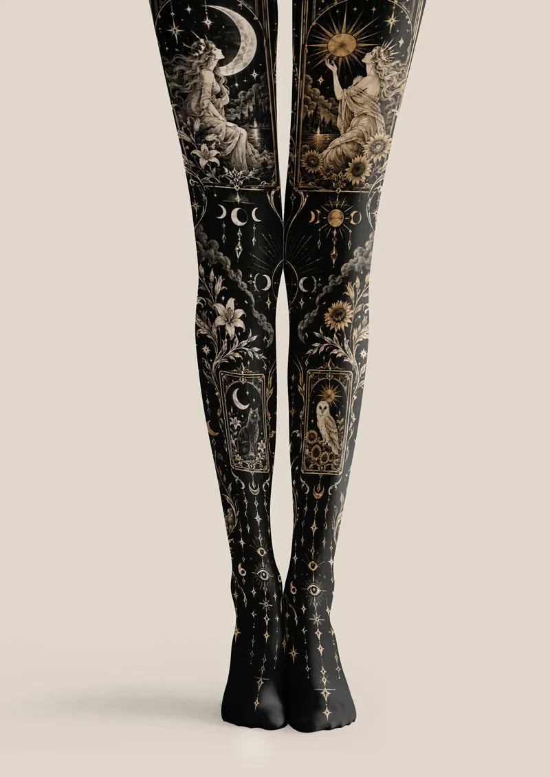 Black printed tights with celestial goddess, moon, sun, owl, and cat motifs