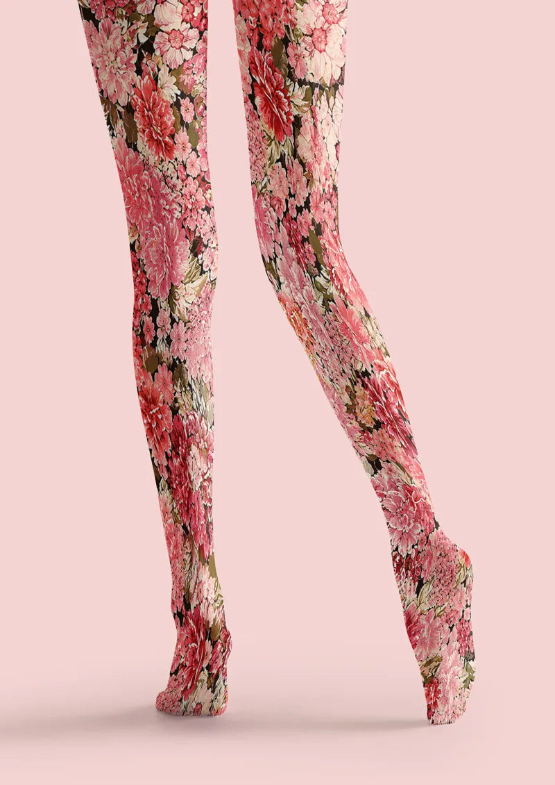 Dense Crimson Pink Floral Print Tights Hosiery Pantyhose