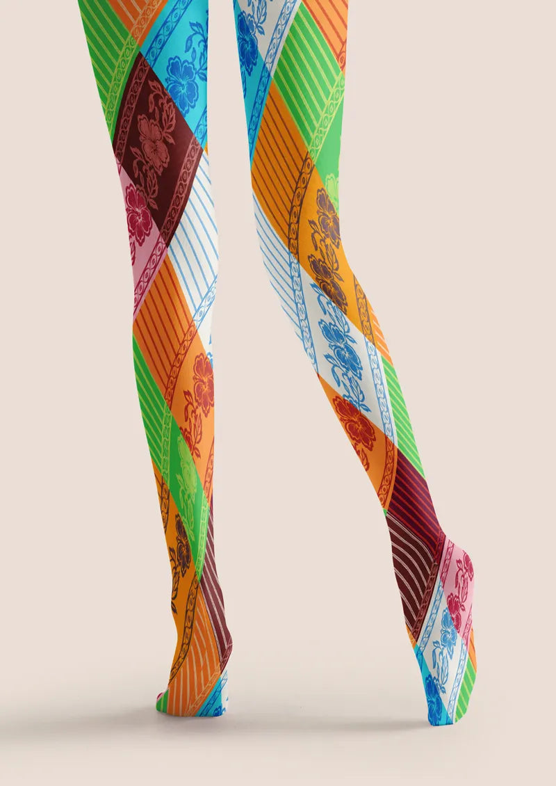 Colorful Diagonal Stripe and Floral Patchwork Tights Hosiery Pantyhose
