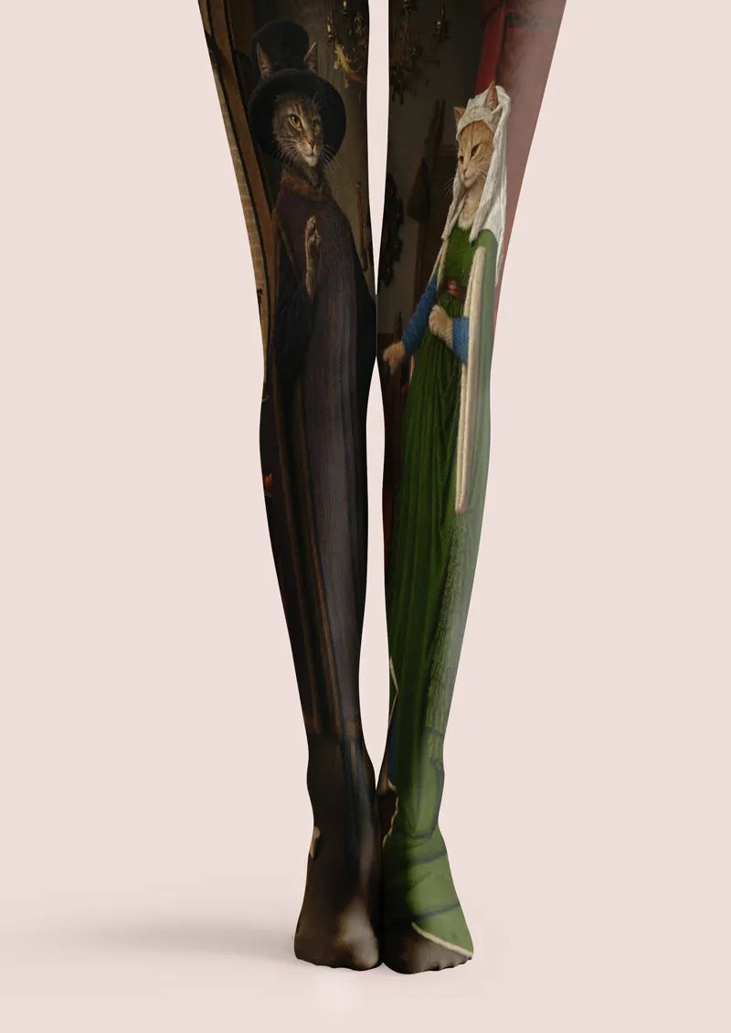 Brown printed tights with vintage-style cat portrait figures and painterly background