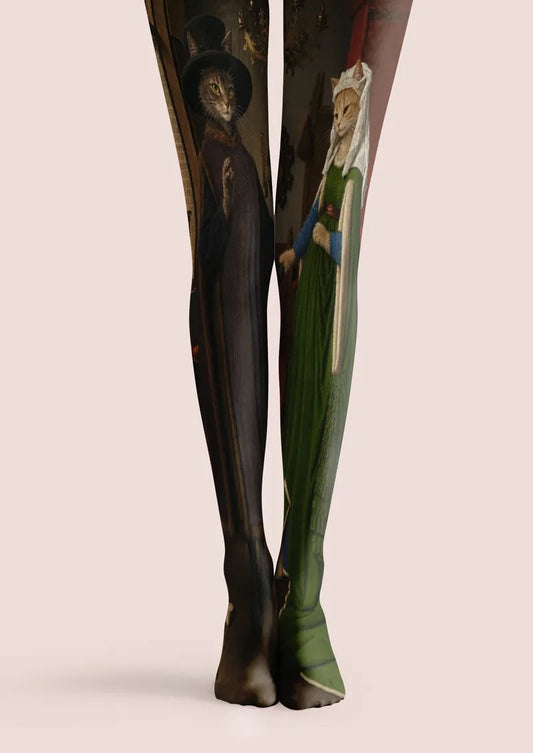 Brown printed tights with vintage-style cat portrait figures and painterly background