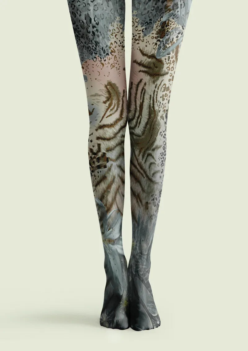 Gray printed tights with tiger stripes and leopard spots in brown and black