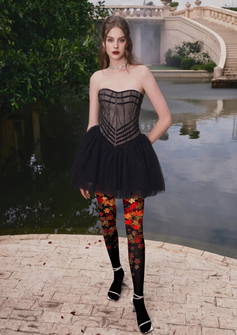 Black Falling Blossom Tights