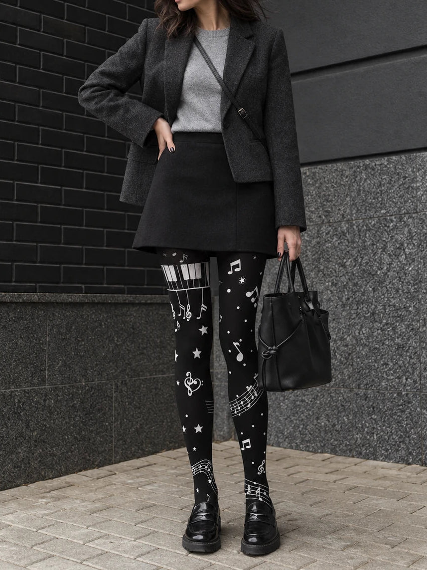 Black Piano and Music Note Tights