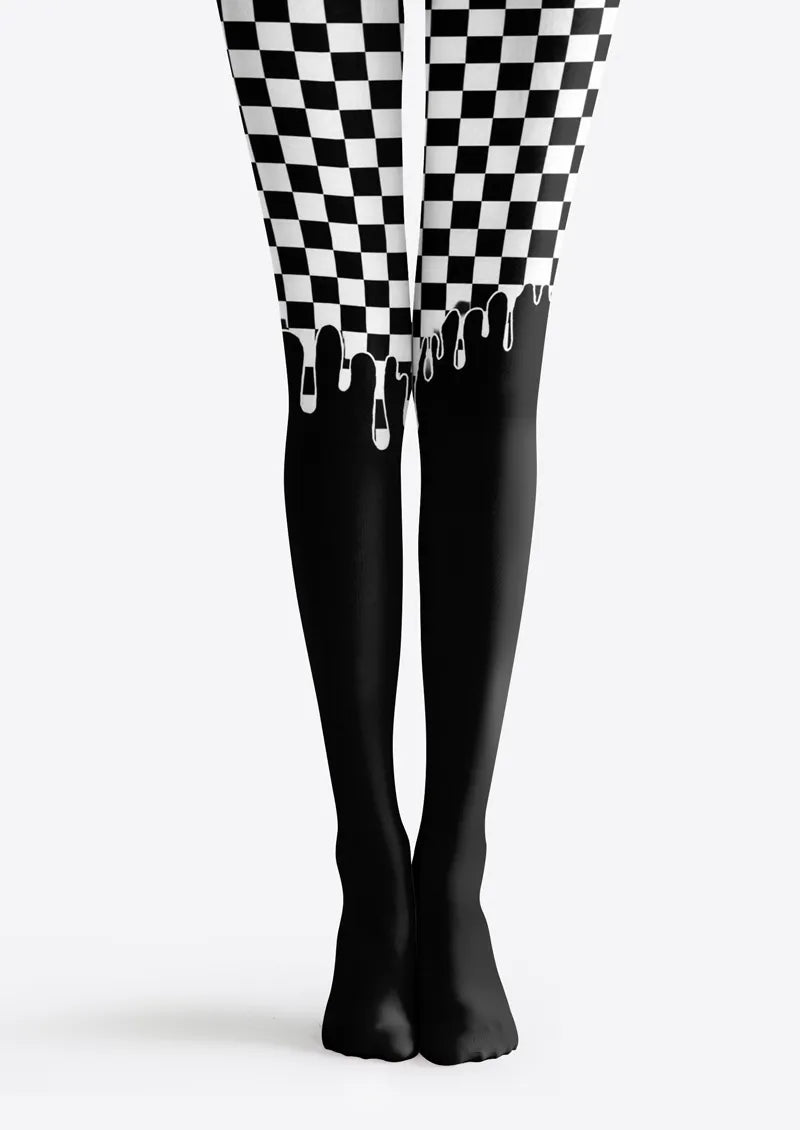 Black printed tights with white checker pattern and drip detail