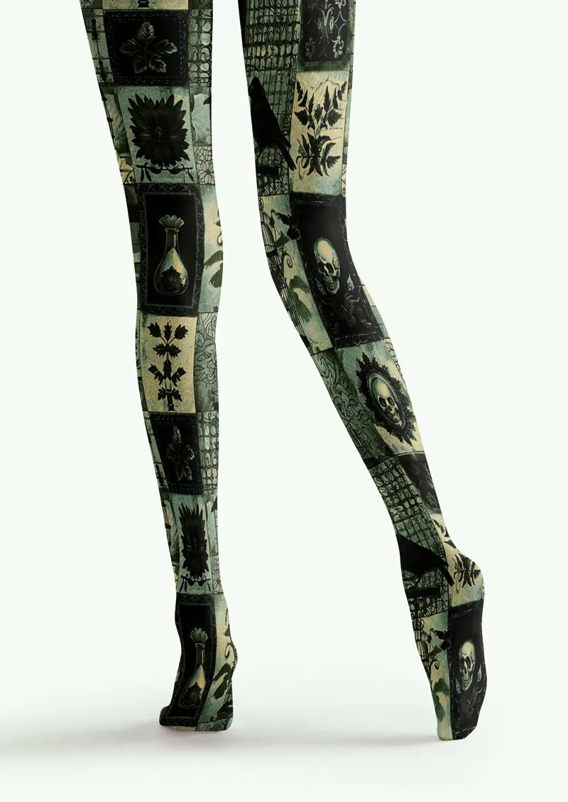 Green Skull Patchwork Tights