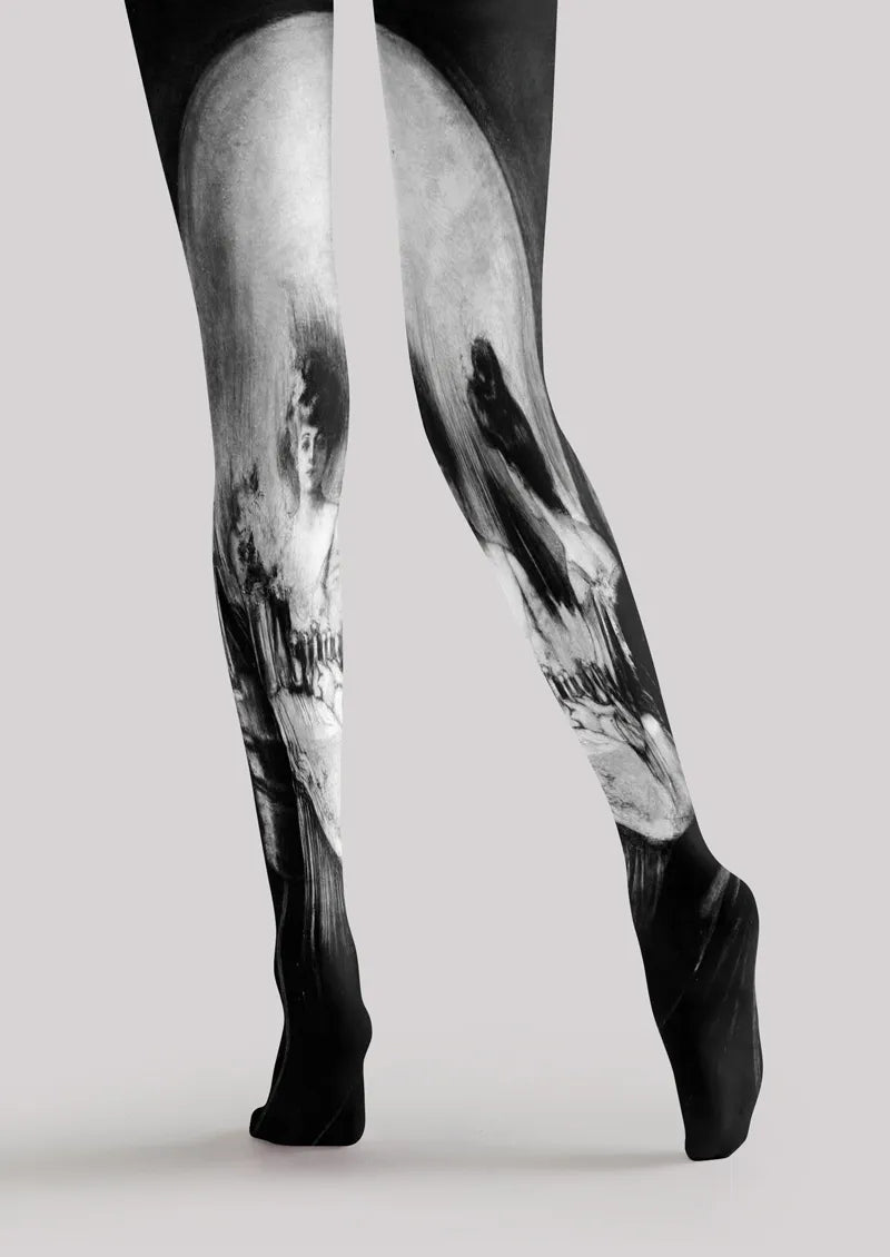 Black and White Painterly Portrait Print Tights Hosiery Pantyhose