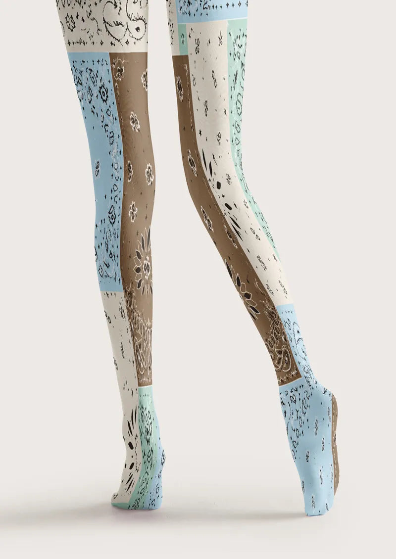 Blue Brown Patchwork Paisley Print Tights Hosiery Pantyhose