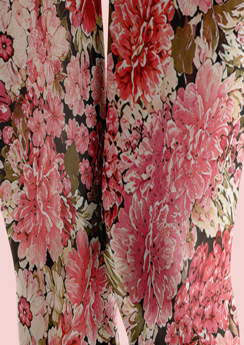 Dense Crimson Pink Floral Print Tights Hosiery Pantyhose