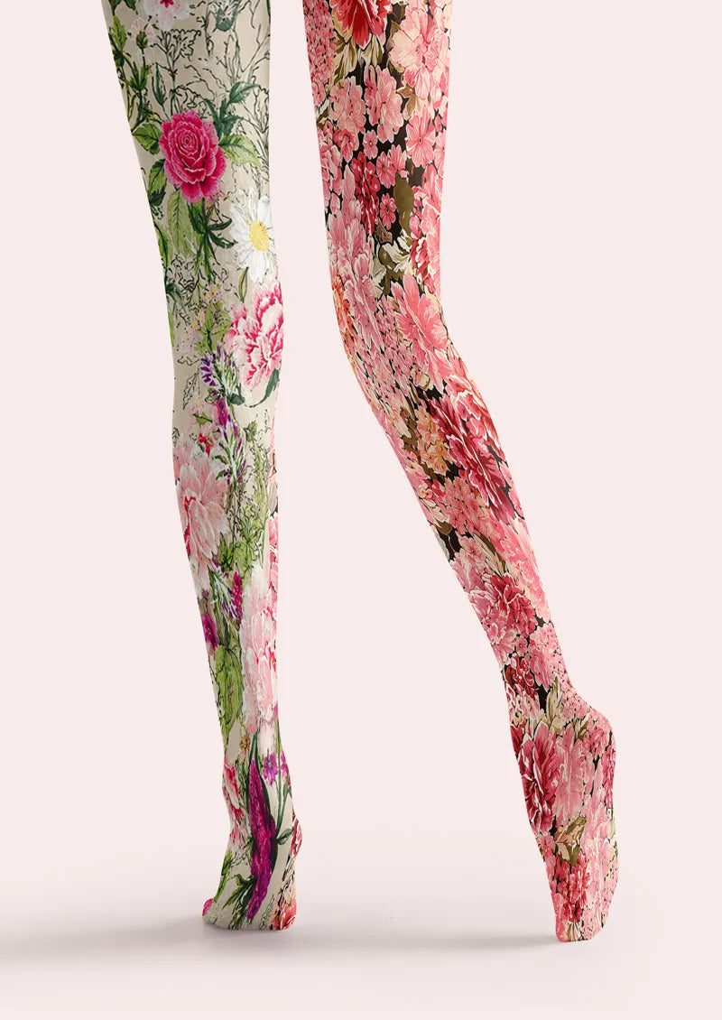 Two-Tone Split Peony and Botanical Floral Print Tights Hosiery Pantyhose