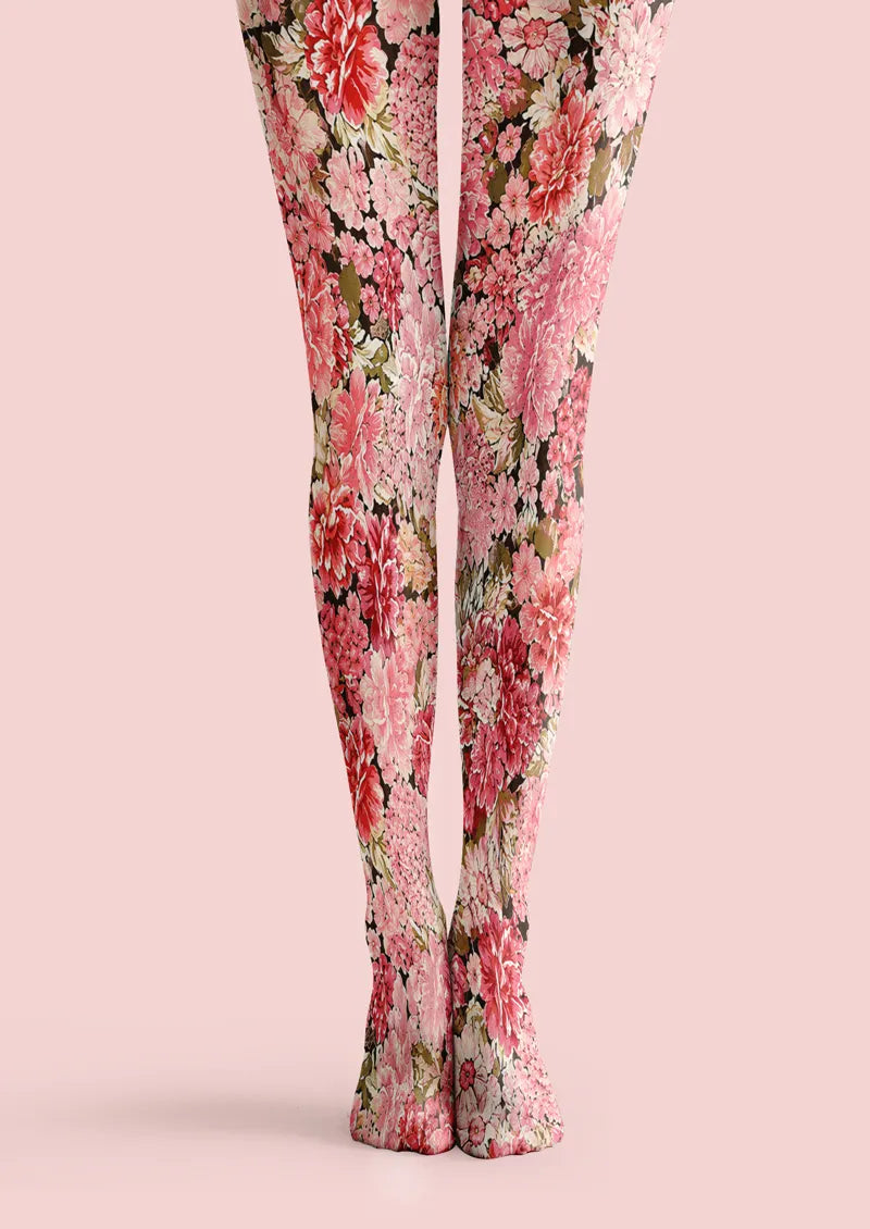 Dense Crimson Pink Floral Print Tights Hosiery Pantyhose