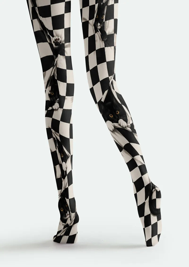 Black White Cat Checkerboard Tights