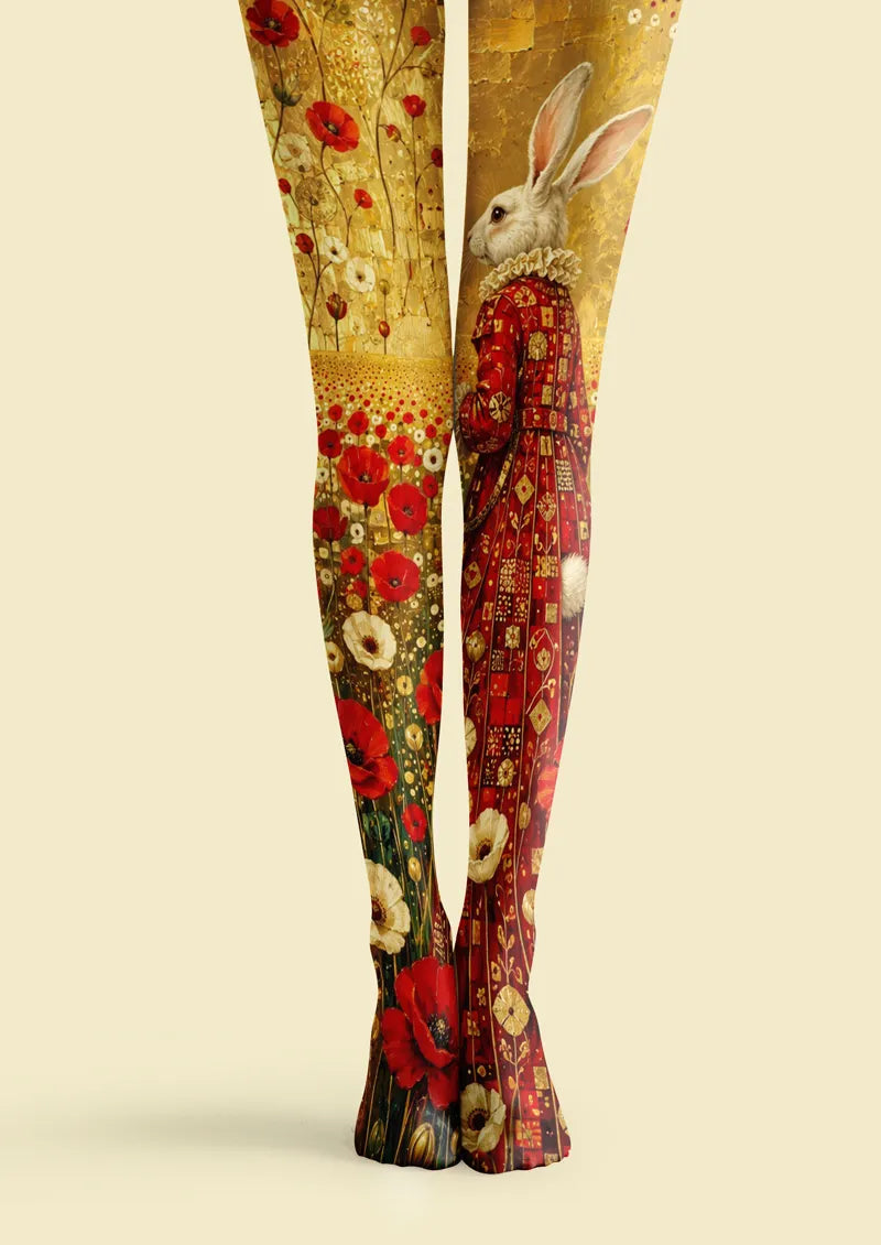 Yellow printed tights with a white rabbit in a red robe and red floral artwork