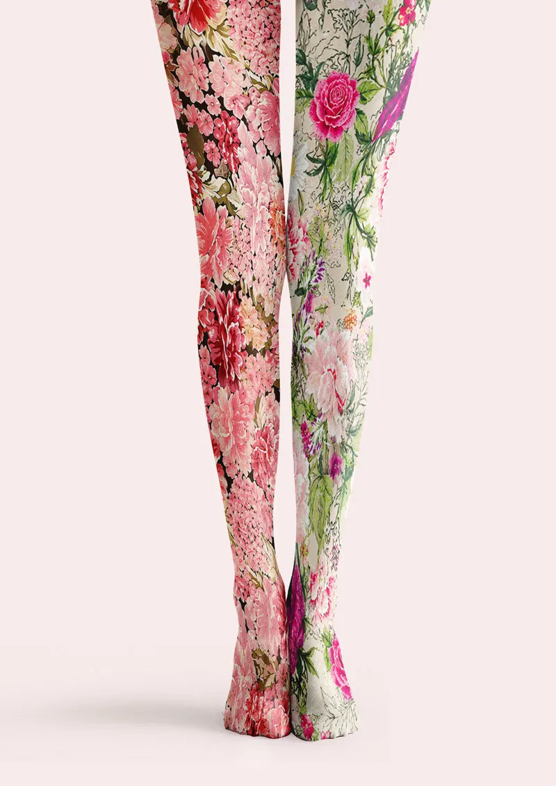 Two-Tone Split Peony and Botanical Floral Print Tights Hosiery Pantyhose