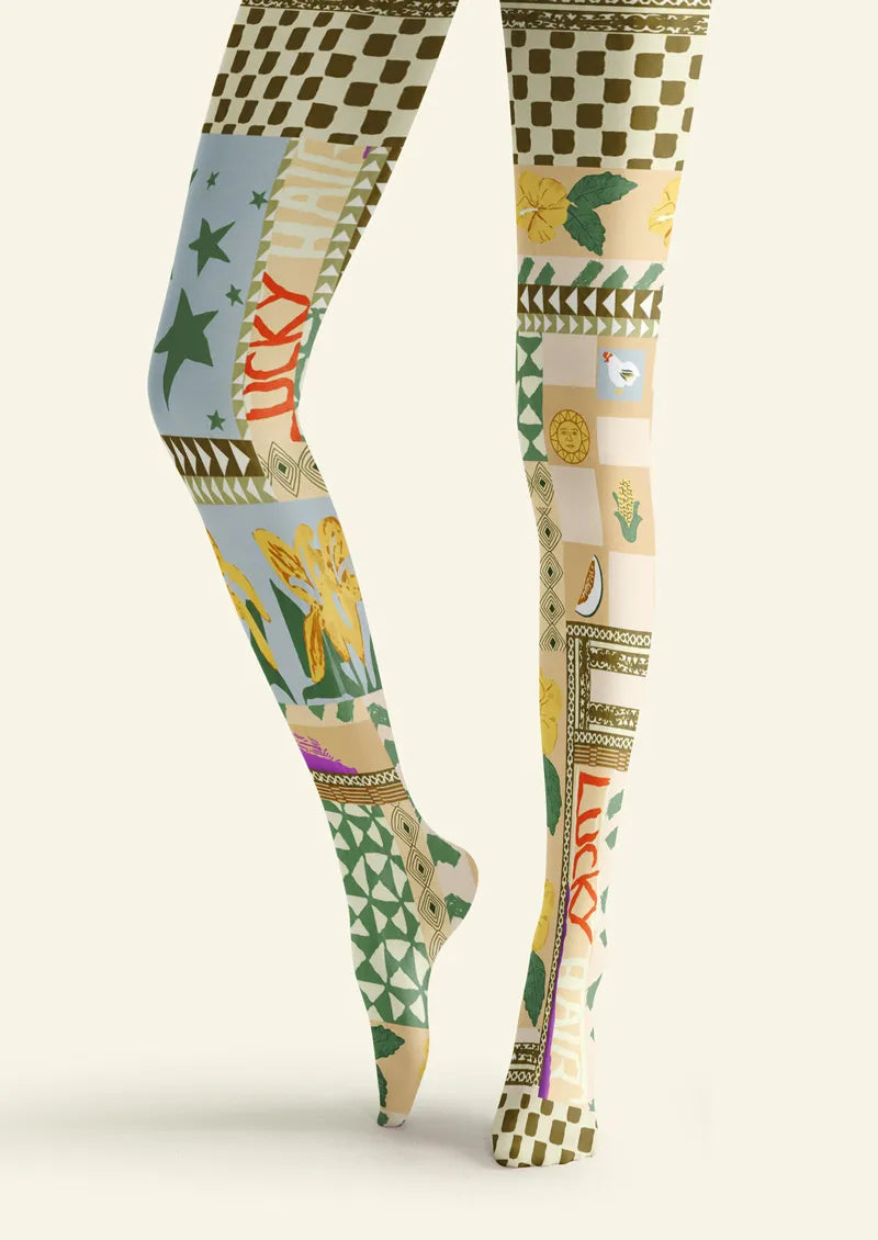 Boho Patchwork Folk Print Tights Hosiery Pantyhose