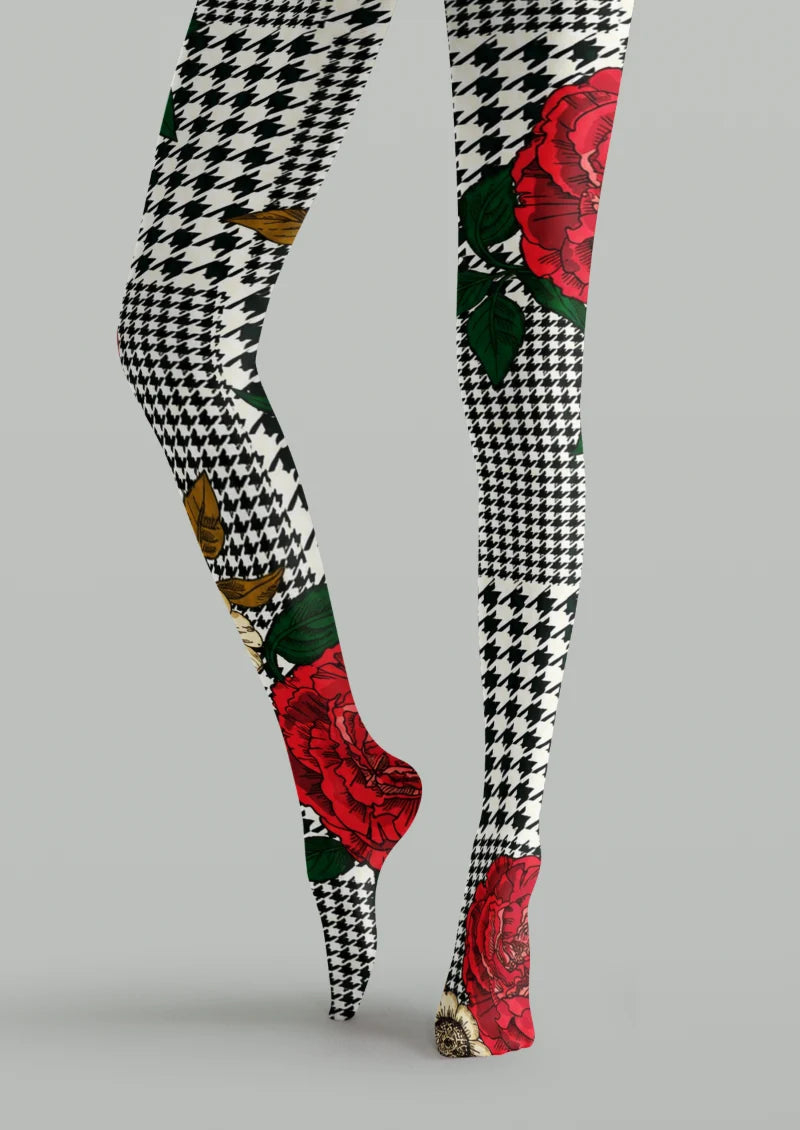 Black White Houndstooth Rose Tights
